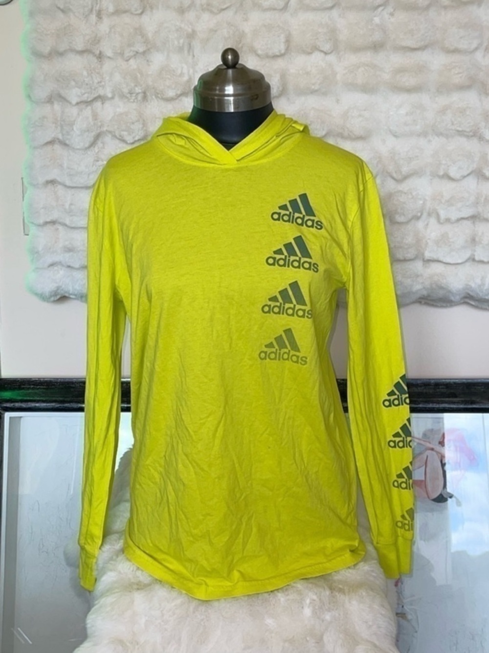 adidas Neon Yellow Kids' Hooded Long Sleeve Top with Logo Stack